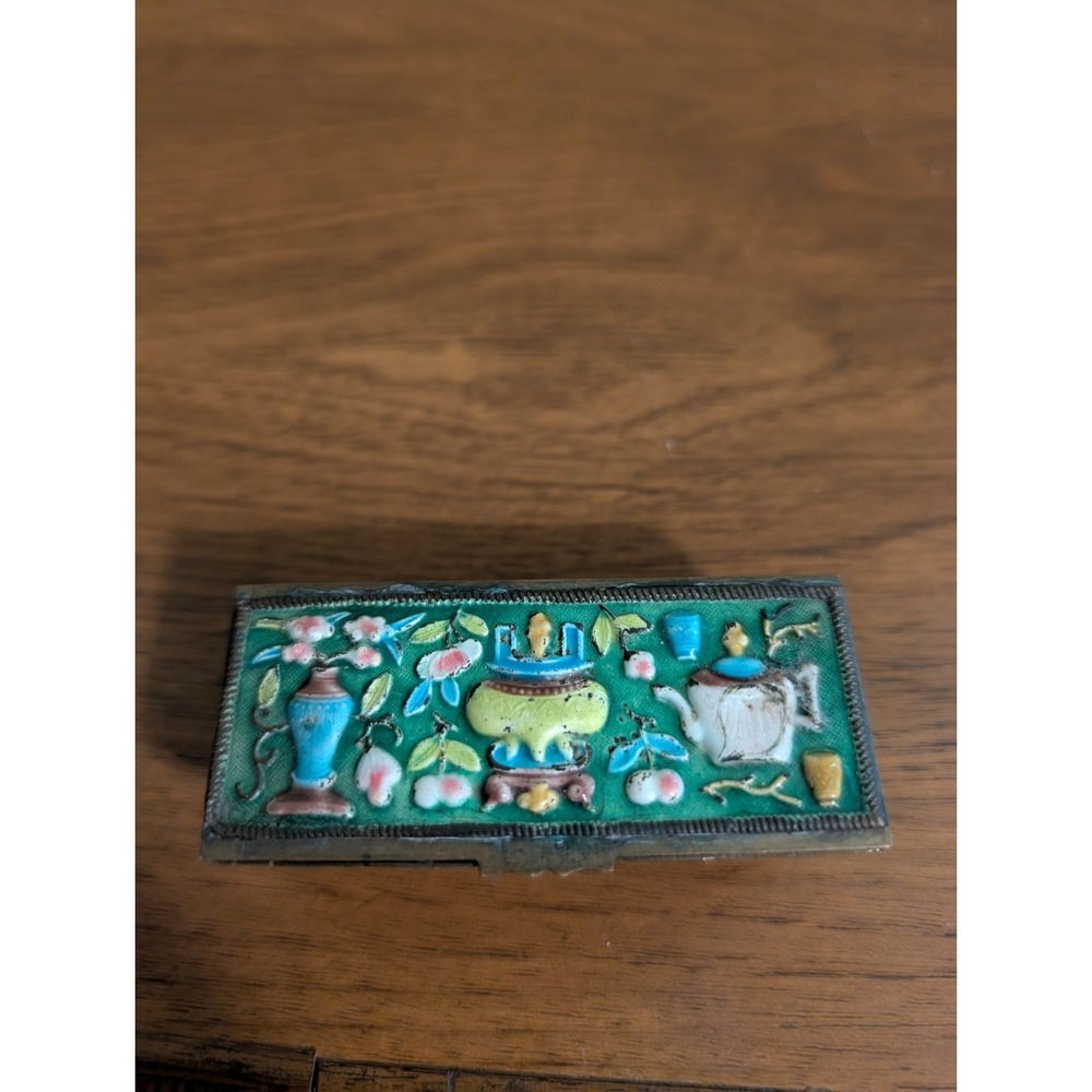 Chinese Export Stamp Box Footed Cloisonne Guilloche Enamel On Brass Incense Pill